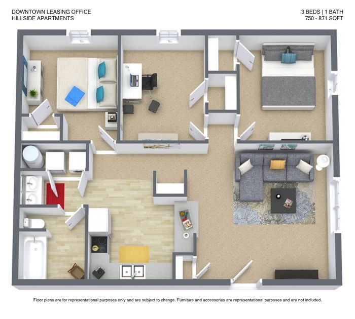 Charming Hillside Apartments floor plan featuring 3 bedrooms, stylish living area, modern kitchen, and cozy bathroom, ideal for comfortable urban living.