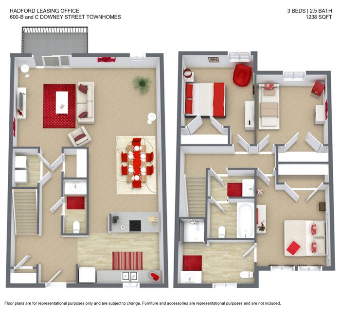 Modern 3-bedroom townhome floor plan featuring 2.5 baths, open living space, and stylish kitchen, totaling 1238 sq ft.