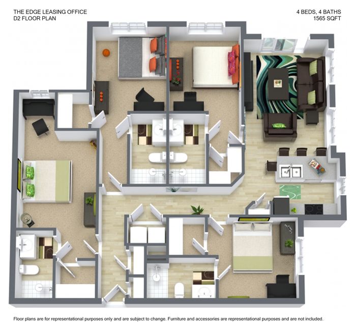 Elegant D2 floor plan showcasing 4 bedrooms, 4 baths, and an inviting open-concept living and kitchen area, spanning 1565 sq ft.