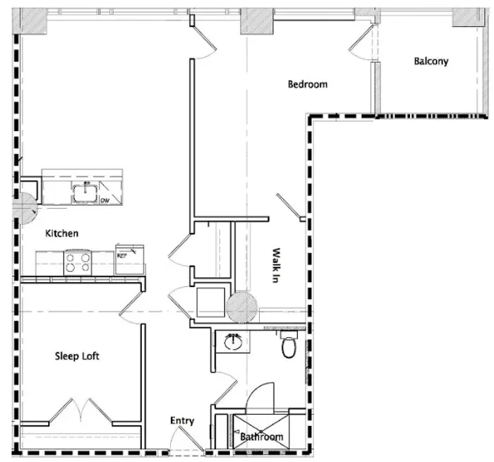 Modern and efficient floor plan featuring a sleep loft, spacious kitchen, cozy bedroom with walk-in closet, and a private balcony.