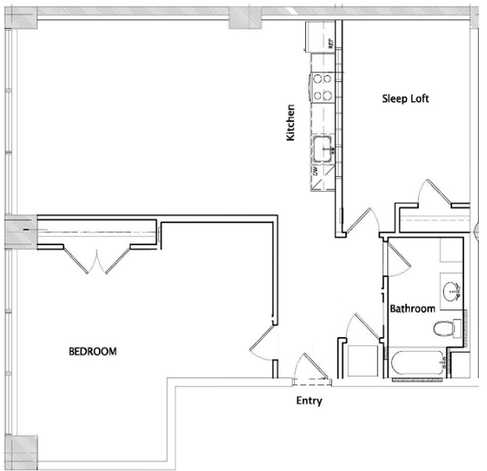 Modern loft floor plan featuring a spacious bedroom, a sleek kitchen, and a well-appointed bathroom, ideal for urban living.