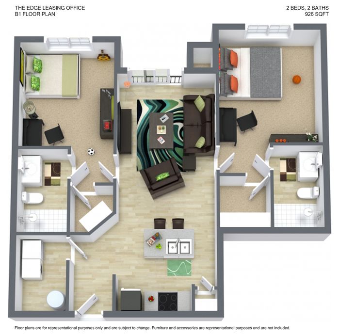 Modern 3D floor plan showcasing 2 bedrooms, stylish open living room, and fully equipped kitchen, 926 sq ft of functional elegance.