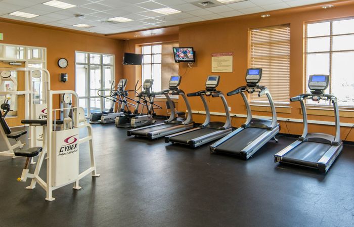 Modern gym facility with treadmills, exercise bikes, and strength training equipment.