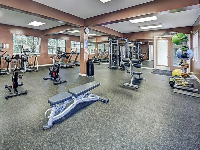 Spacious gym with modern fitness equipment including treadmills, weights, and exercise bikes.