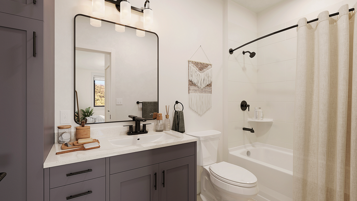 Modern bathroom with sleek fixtures, elegant vanity, and luxurious design details.