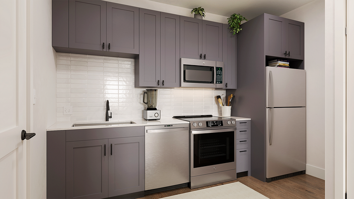 Modern kitchen with sleek gray cabinets, stainless steel appliances, and elegant tile backsplash, ideal for culinary enthusiasts.
