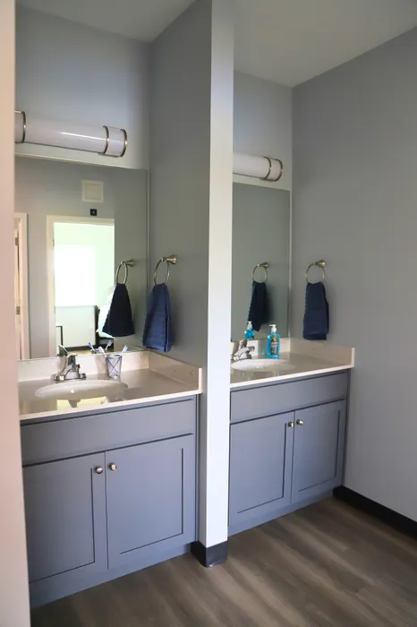 Modern bathroom featuring dual sinks with sleek gray cabinetry and elegant fixtures, perfect for comfort and convenience.