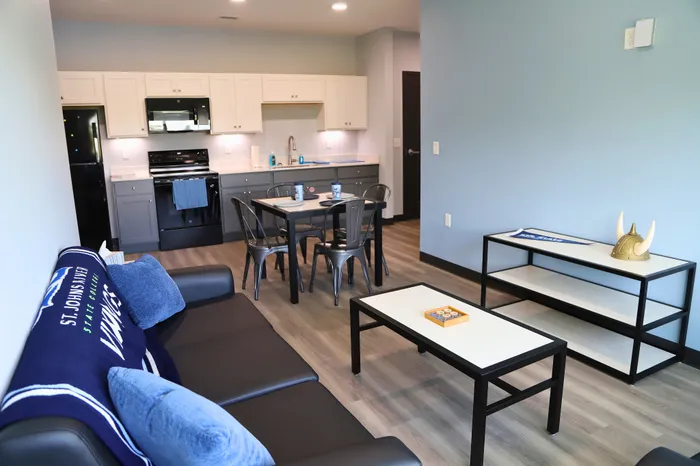 Inviting open-concept apartment featuring a modern kitchen with sleek cabinetry, a cozy dining area with metal chairs, and a stylish living room with a comfortable sofa and decorative accents.