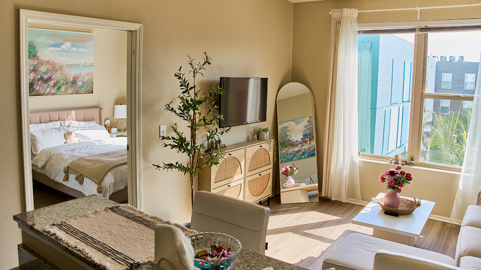 Bright and inviting apartment living area with large windows, stylish lounge, and cozy bedroom view.