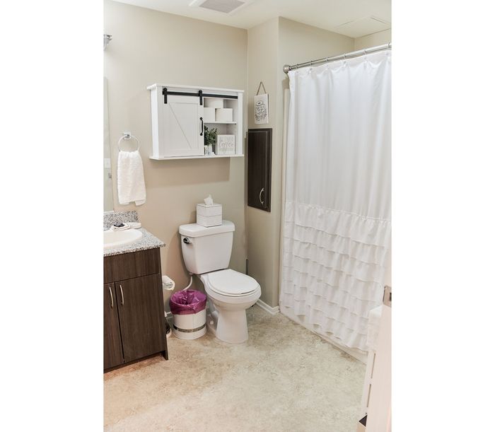 Bright and modern bathroom with elegant white accents, featuring a sleek vanity, cozy wall decor, and a charming shower curtain.