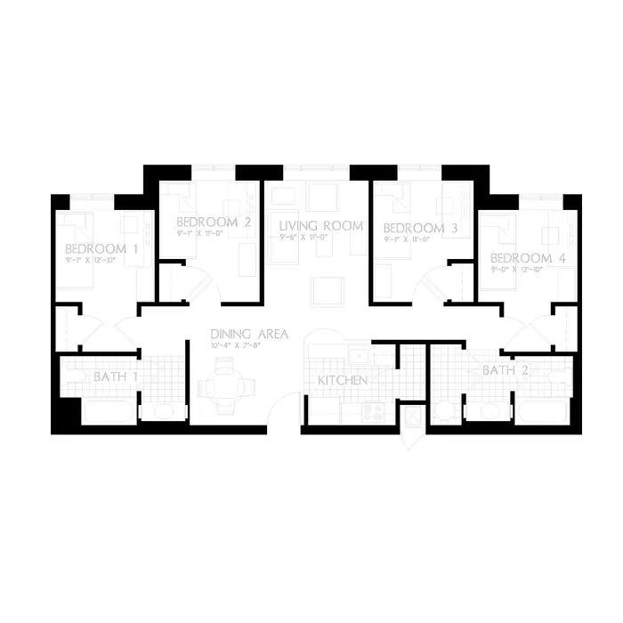 Elegant 2D floor plan featuring 4 bedrooms, a large living room, and a modern kitchen with dining area.