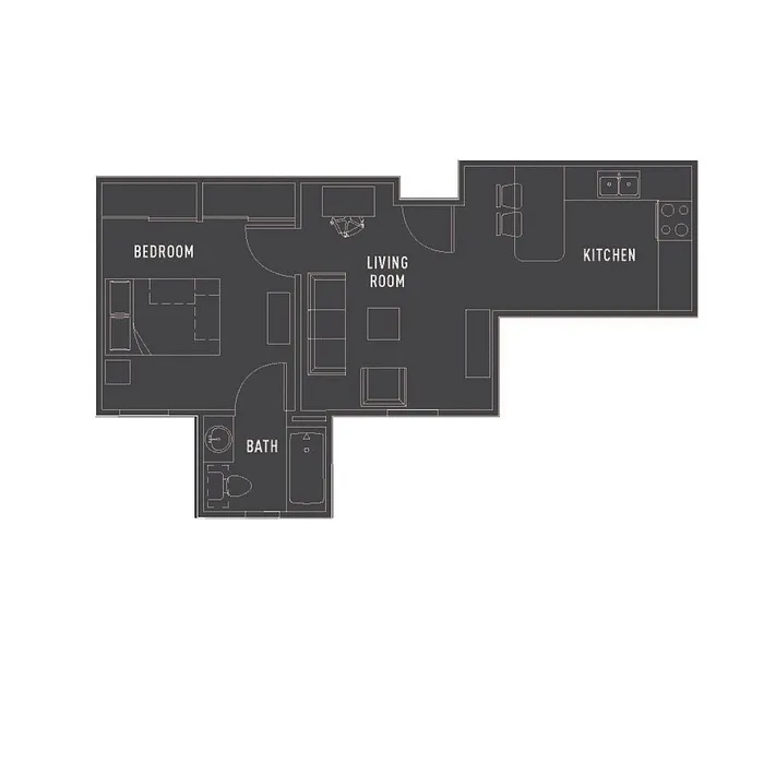 Sleek floor plan featuring one bedroom, a spacious living room, and a contemporary kitchen.