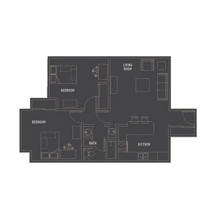 Elegant floor plan highlighting 2 bedrooms with a spacious living room and modern kitchen.