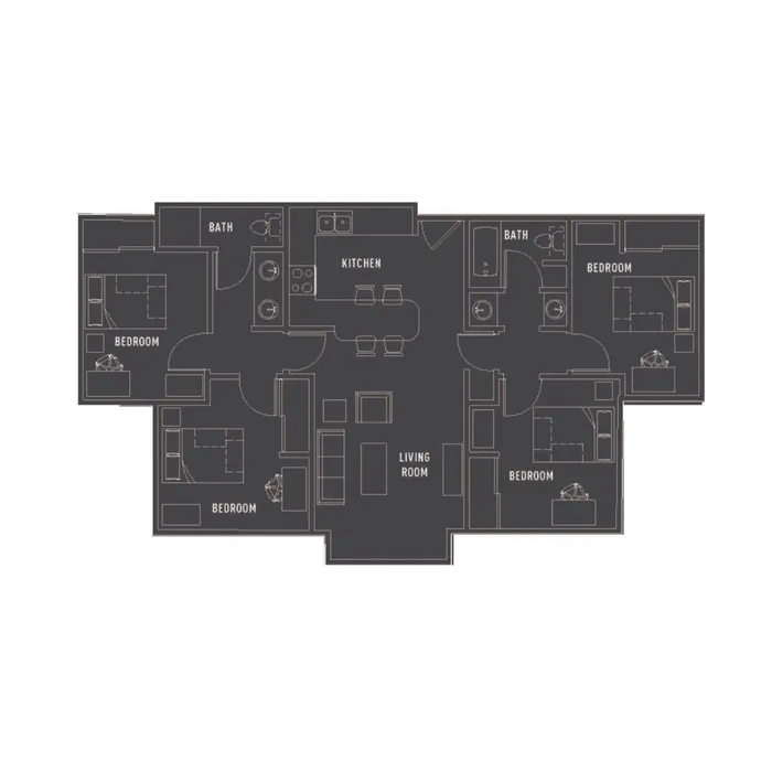 Contemporary floor plan with 3 bedrooms, 2 bathrooms, open kitchen, and spacious living room.