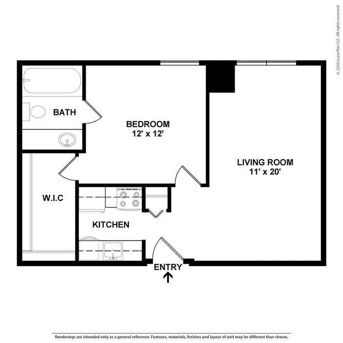 Modern apartment floor plan showcasing 1 bedroom, a spacious living room, and a convenient kitchen with a walk-in closet.