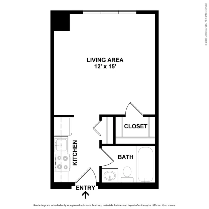 Modern studio floor plan featuring an expansive 12' x 15' living area, compact kitchen, bathroom, and convenient closet space.