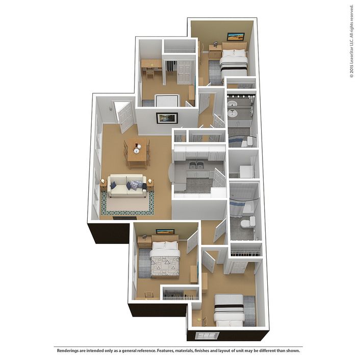 Chic 3D floor plan showcasing 3 bedrooms, a cozy living space, and a modern kitchen with open dining area.