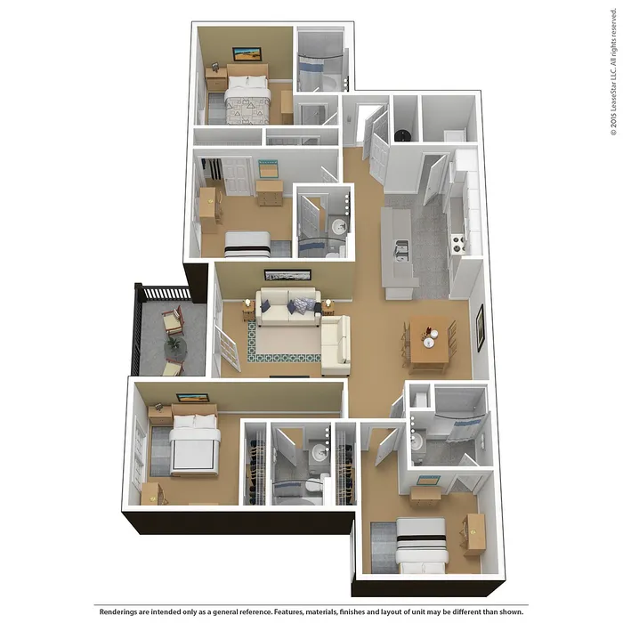 Modern 3D floor plan showcasing 3 bedrooms, a cozy living room, contemporary kitchen, dining area, and private balcony for relaxed living.