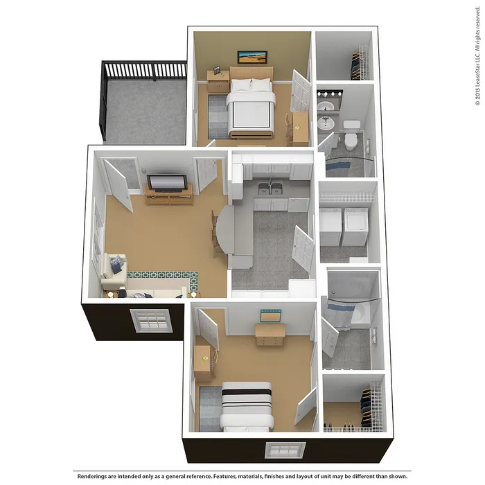 Modern 3D floor plan with 2 bedrooms, open living area, sleek kitchen, and private balcony.