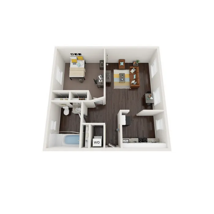 3D floor plan showcasing a 1-bedroom apartment with open living room and modern kitchen.