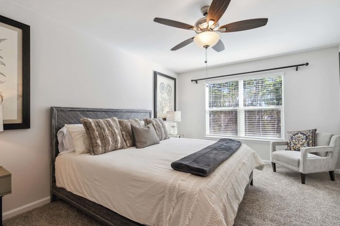 Furnished bedroom with sunlit windows