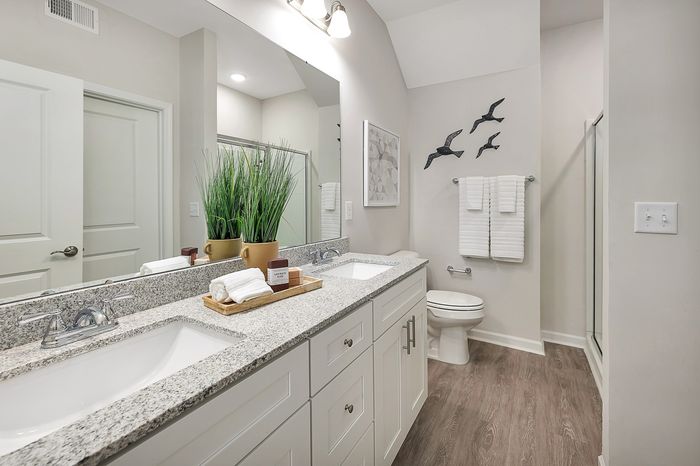 Bathroom with tow sinks and large mirror with lights above it