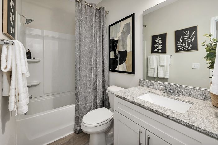 Bathroom with sink and mirror and standard tub