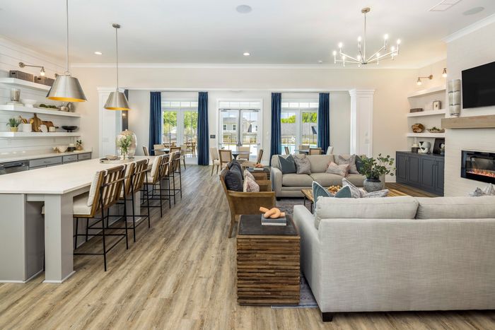 furnished clubroom with kitchen island and sofas