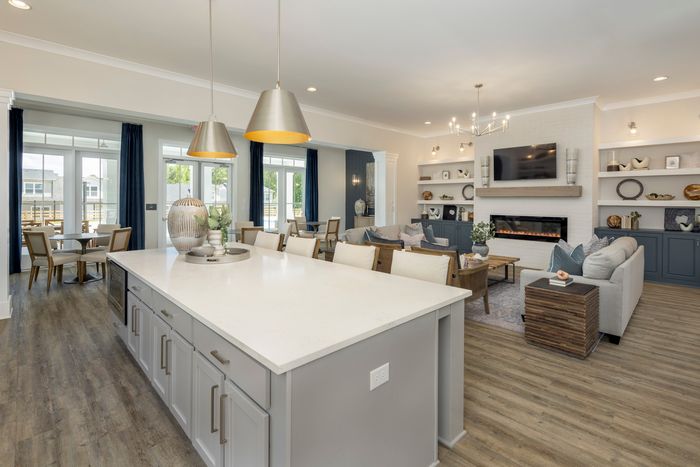 furnished clubroom with kitchen island, sofas and fireplace