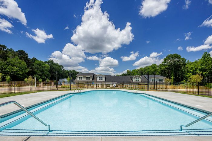 Dog-Friendly Apartments in Loganville, GA - Pool in Fenced Area, View of Community, and Blue Skies
