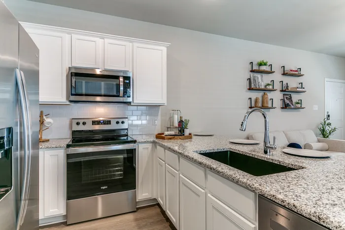 Single-family homes for rent Near Sundance Square - Cottages at Summer Creek - a modern kitchen with stainless steel kitchen, and a marble countertop