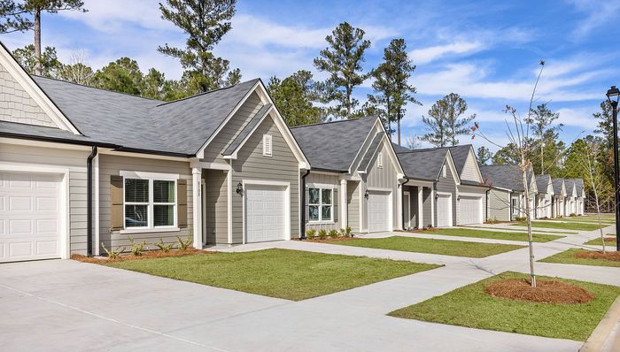 Charming row of modern single-story homes with attached garages, nestled in a serene neighborhood surrounded by lush greenery.
