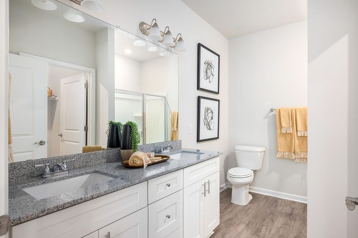 Elegant bathroom with contemporary granite countertop, double sinks, modern fixtures, and stylish framed artwork.