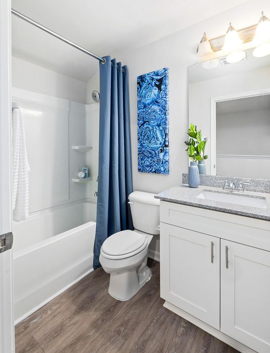 Elegant bathroom with a modern white vanity, granite countertop, and cozy blue accents, featuring stylish d&eacute;cor and bright lighting.