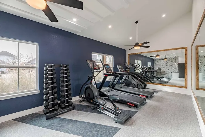 Modern apartment gym with top-tier equipment, including treadmills, elliptical machines, and a full set of dumbbells. Spacious design with large mirrors and stylish lighting.