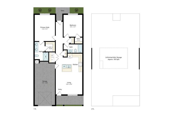 Modern floor plan featuring a primary suite and additional bedroom, open living and kitchen area, two bathrooms, a patio, and garage. Includes approx. 100 sq ft of unfinished attic storage.