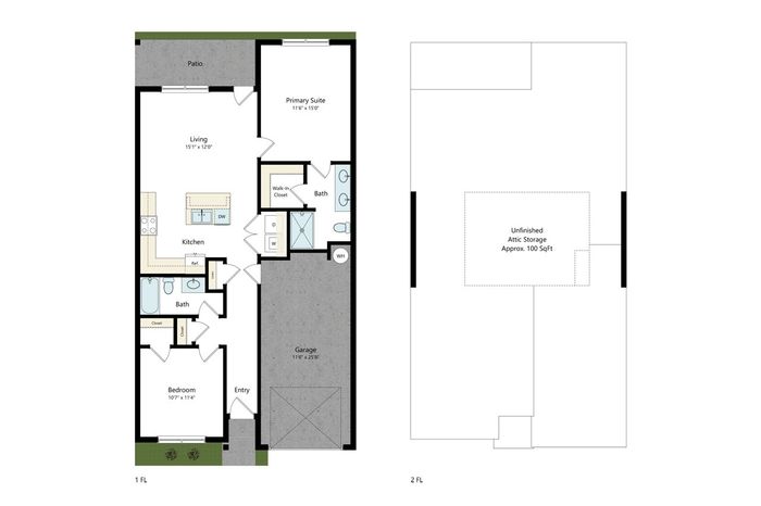 Modern floor plan with 2 bedrooms, spacious living area, kitchen, and garage. Includes primary suite, walk-in closet, and patio access, plus additional attic storage.