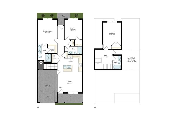 Modern two-story floor plan showcasing 3 bedrooms, versatile flex space, and an open-concept kitchen-living area, complete with garage and a charming patio.