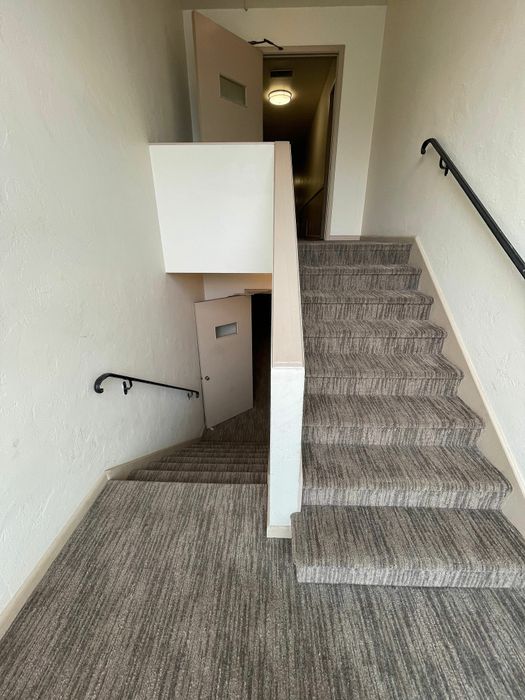 Elegant staircase with modern carpeting leading to an illuminated hallway.