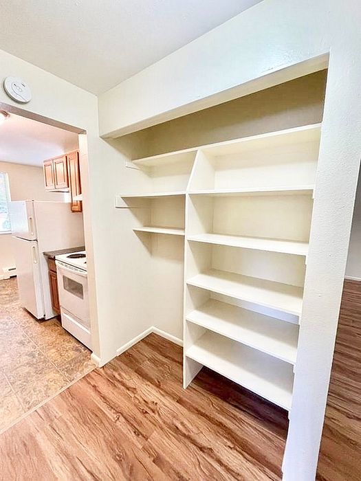 Modern kitchen with elegant wooden flooring and ample shelving, perfect for organized living and culinary creativity.