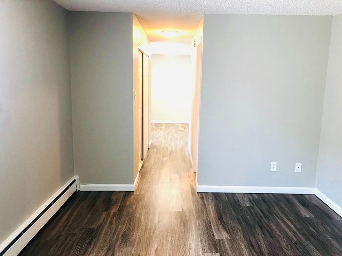 Bright hallway in a contemporary apartment with elegant wood flooring and neutral walls.