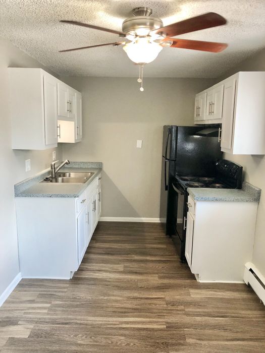 Charming kitchen with modern black appliances, sleek white cabinetry, and elegant wood flooring, perfect for culinary enthusiasts.