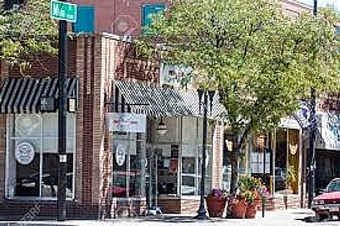 Charming street view with vibrant shops, leafy trees, and inviting storefronts showcasing a lively neighborhood atmosphere.