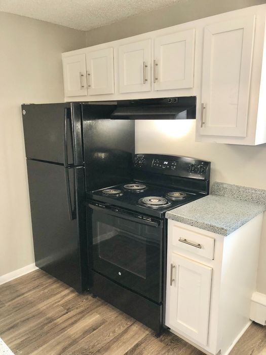 Chic kitchen with modern black appliances, sleek white cabinets, and stylish granite countertops.