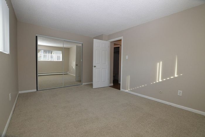 Spacious bedroom with mirrored closet doors and soft carpet, inviting natural light through a large window, creating a bright and airy ambiance.