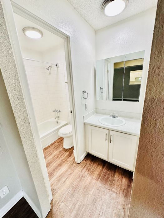Bright and airy bathroom with sleek white fixtures, elegant vanity, and rich wooden flooring.