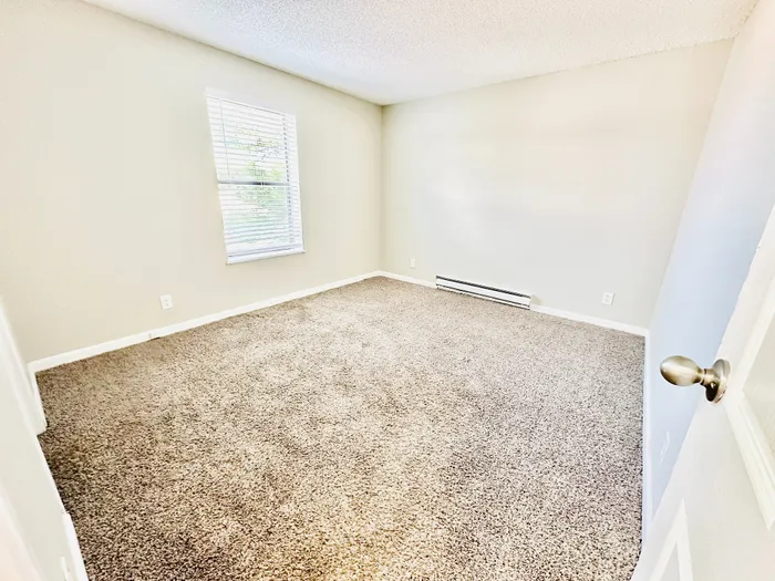 Bright and inviting bedroom with plush carpet, featuring a large window offering natural light and a serene view.