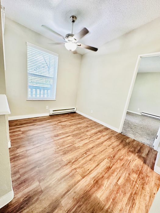 Charming apartment room with elegant wood flooring, bright natural light through large window, and modern ceiling fan.