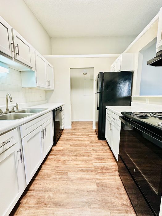 Bright and modern kitchen with sleek white cabinets, elegant countertops, and stylish black appliances on a warm wood floor.