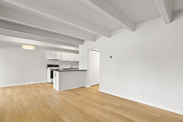 Elegant open-plan space with light wood flooring and modern kitchen featuring sleek countertops and white cabinetry.